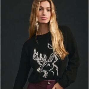 ANTHROPOLOGIE Oh Deer Black Crewneck Sweater Black Motif Size XS